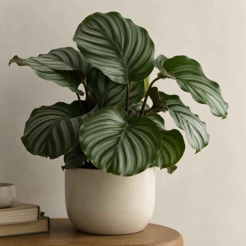 Calathea orbifolia with round silver-striped leaves in a cream pot