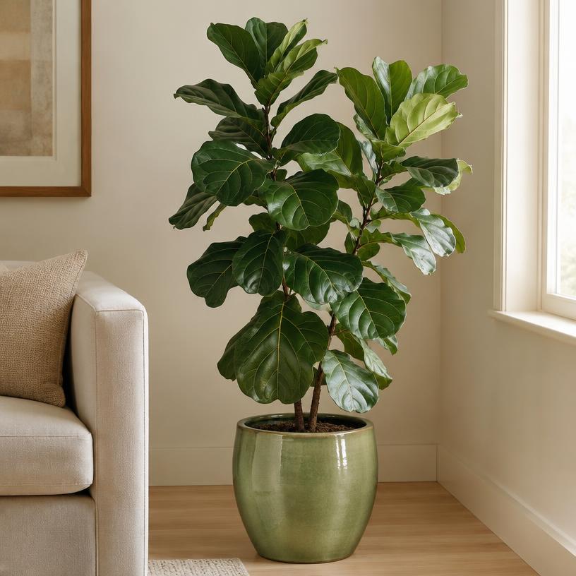 Fiddle leaf fig with large glossy leaves in a sage ceramic pot