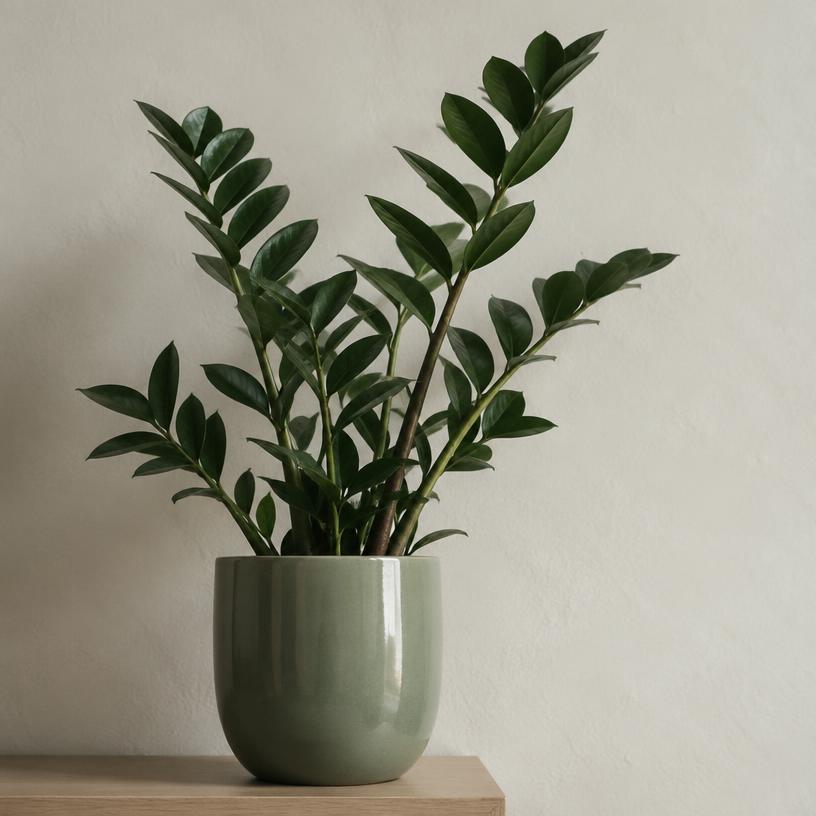 Glossy ZZ plant stems in a sage green glazed pot on a wooden shelf